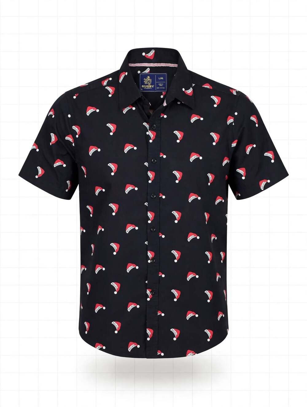 Rugby University Black Believe Santa Hat Christmas Short Sleeve Button Down